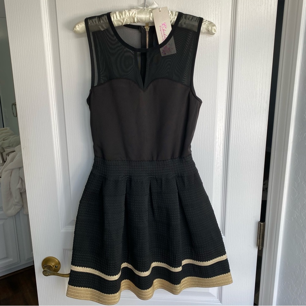 NWT Choklate Paris Mini Dress Textured Fit & Flare Black/Gold Sleeveless Party S